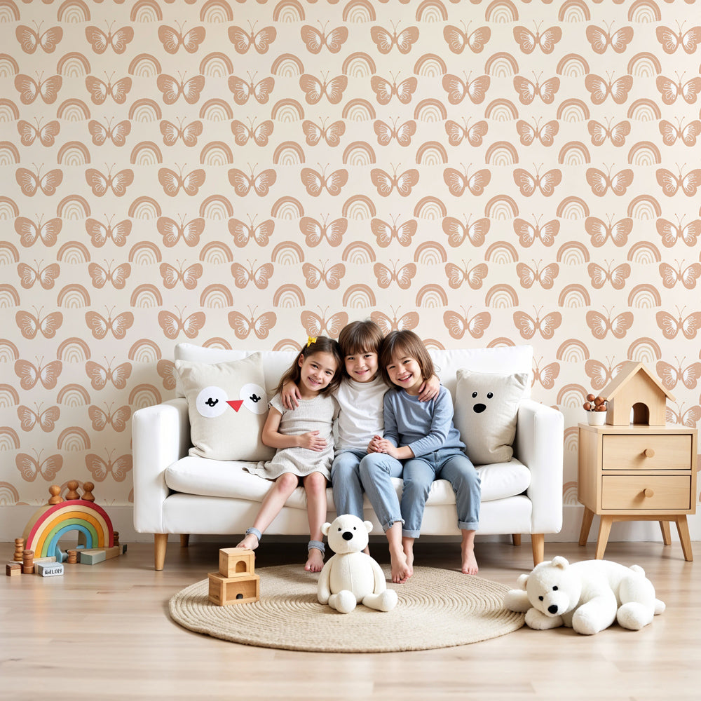 Butterfly mural wallpaper with pastel rainbows in modern nursery room by Kids-Mundo