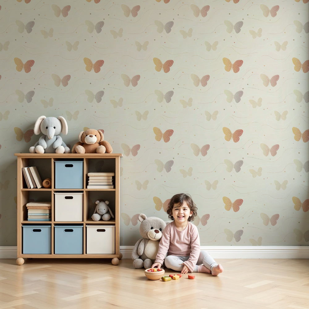 Pastel butterfly mural wallpaper decorating modern nursery with natural wood crib by Kids-Mundo
