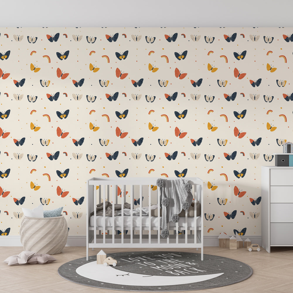 Colorful butterfly wallpaper creating magical kids bedroom atmosphere with rainbow motifs