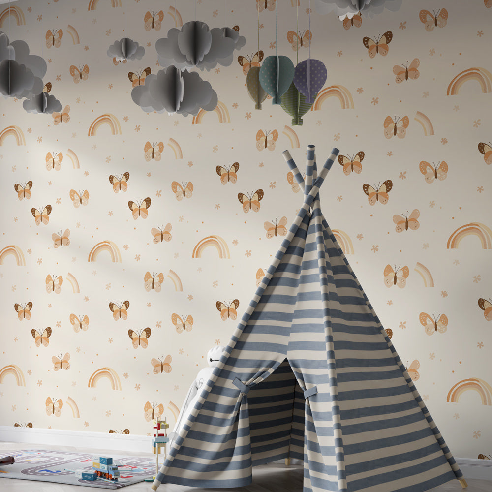 Garden butterfly wallpaper creating magical children's bedroom decor with wooden furniture