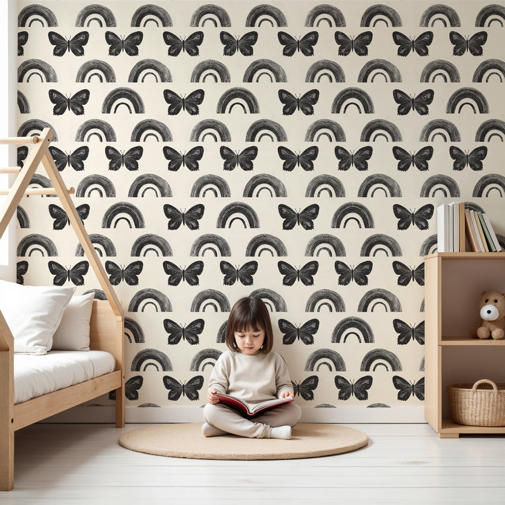Butterfly rainbow mural wallpaper creating elegant nature-themed nursery decor by Kids-Mundo