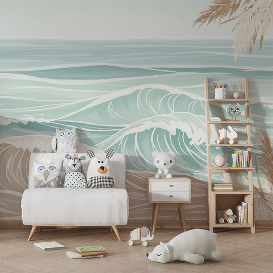 Kids-Mundo ocean wave wall mural bringing soft coastal tones into a child's bedroom.