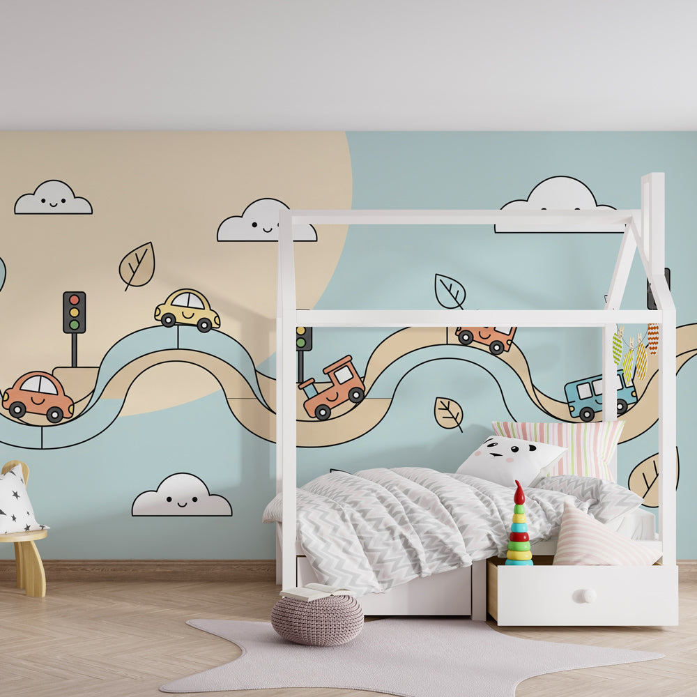 Happy car themed wallpaper creating playful atmosphere in children's bedroom decor
