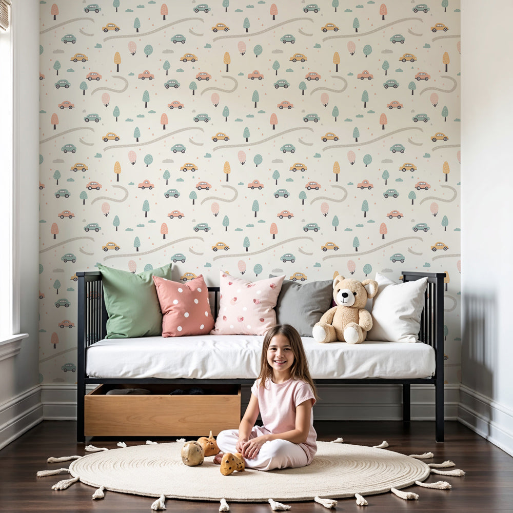 Car road mural wallpaper with winding path and colorful vehicles in modern nursery by Kids-Mundo