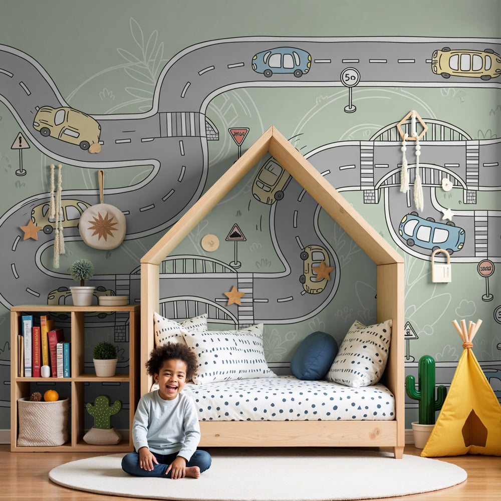 Car track mural wallpaper creating interactive racing themed kids bedroom by Kids-Mundo