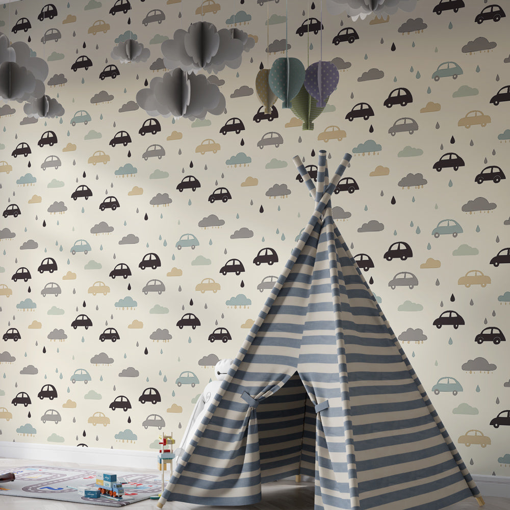 Cars and clouds wallpaper creating playful atmosphere in toddler bedroom decor