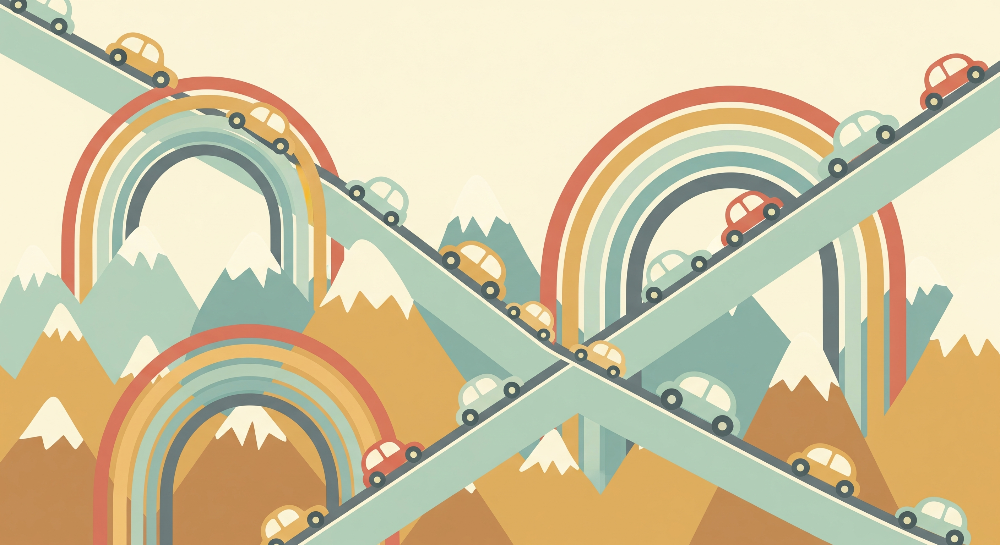 Colourful Cars on Rainbow Mountain Roads Wall Mural