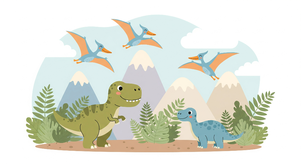 Cartoon Dinosaur Mountains Wall Mural