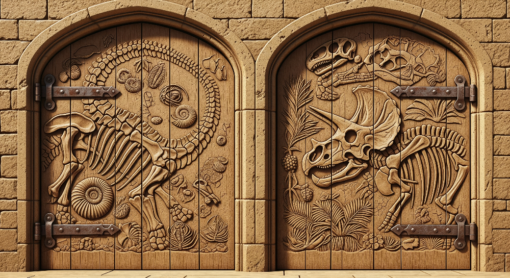 Kids-Mundo flat artwork of two sandstone doors carved with dinosaur skeletons