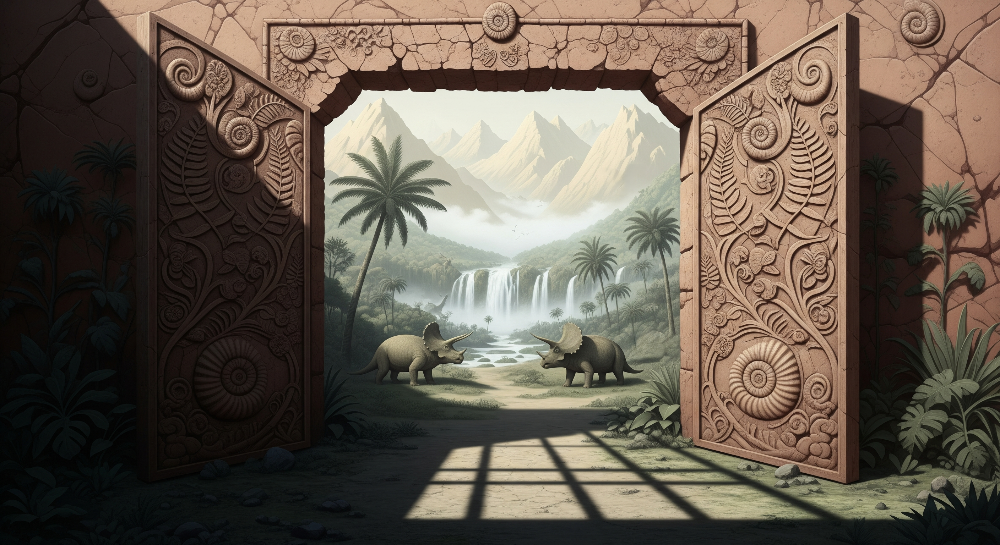 Kids-Mundo flat artwork of the carved stone doors triceratops jungle waterfall mural design