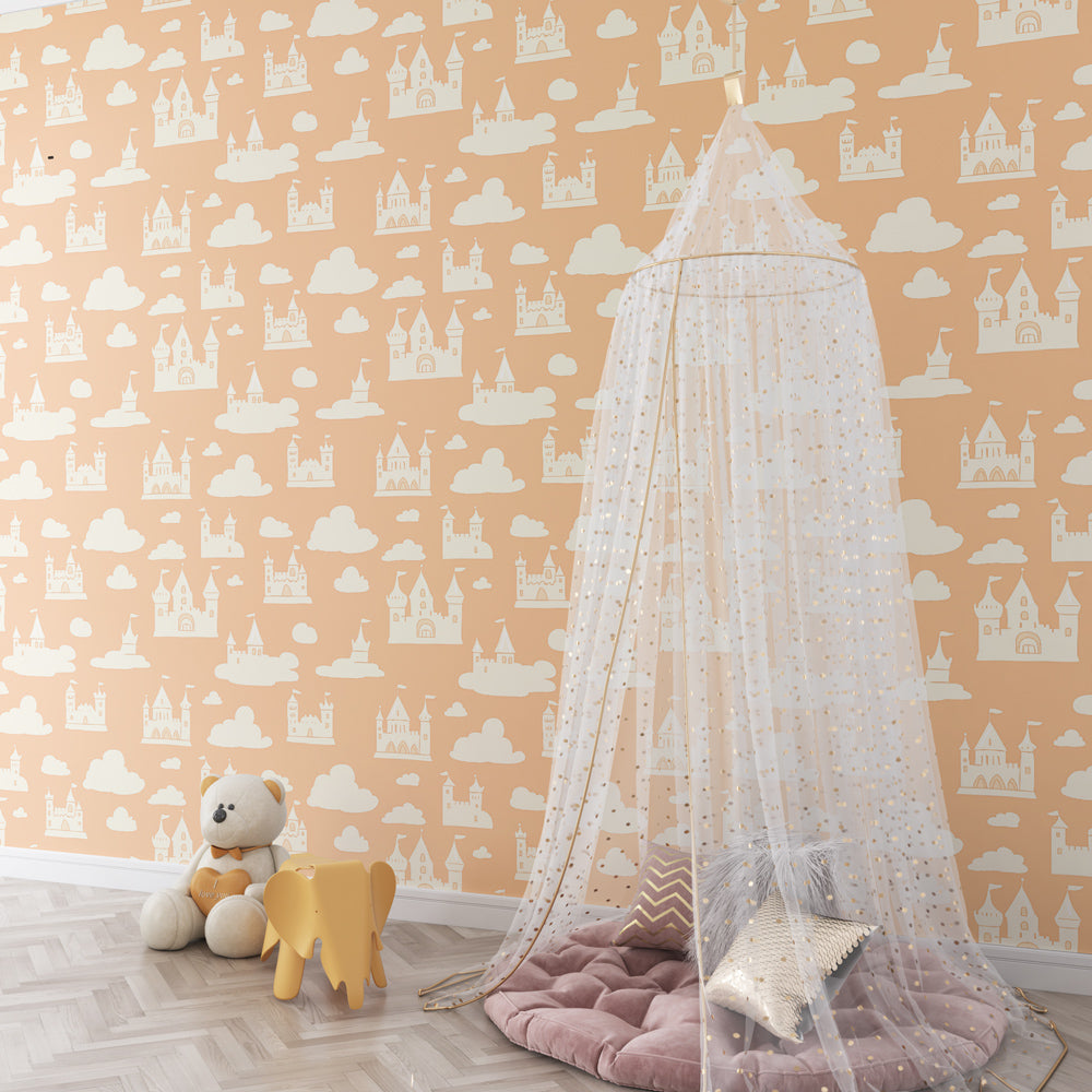Fairytale castle wallpaper creating magical atmosphere in children's bedroom