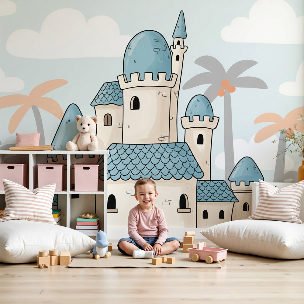 Magical castle mural wallpaper creating enchanted kingdom atmosphere in modern kids bedroom by Kids-Mundo