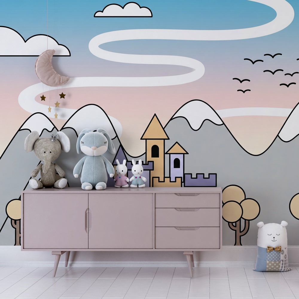 Castle theme mural wallpaper in soft pastels perfect for nursery wall decoration