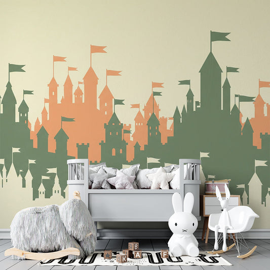 Kids-Mundo castle skyline mural on a bold feature wall in a child's bedroom.