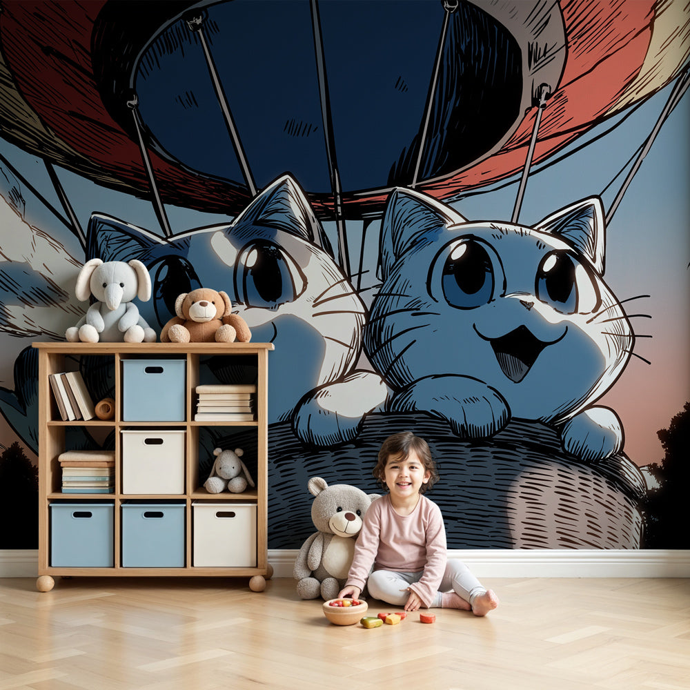 Cat adventure hot air balloon mural wallpaper in bright nursery room by Kids-Mundo