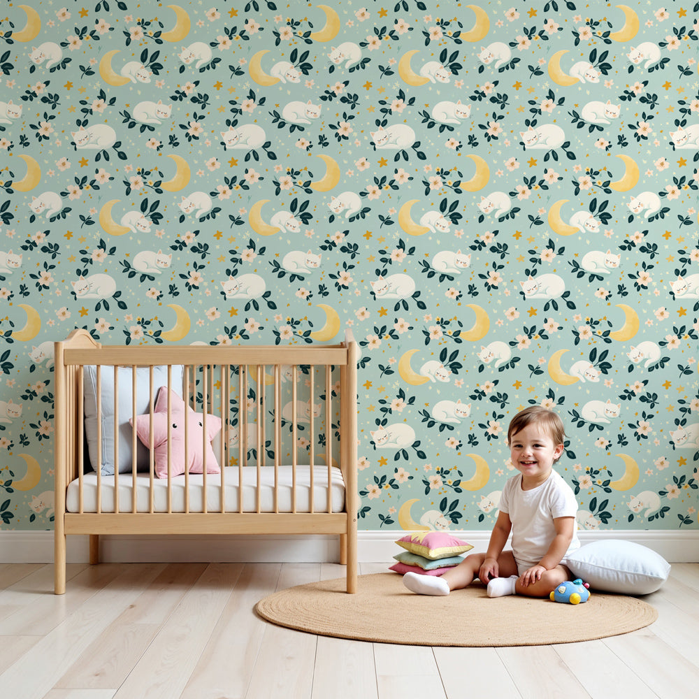 Dreamy cat mural wallpaper with stars and moons in modern kids bedroom by Kids-Mundo
