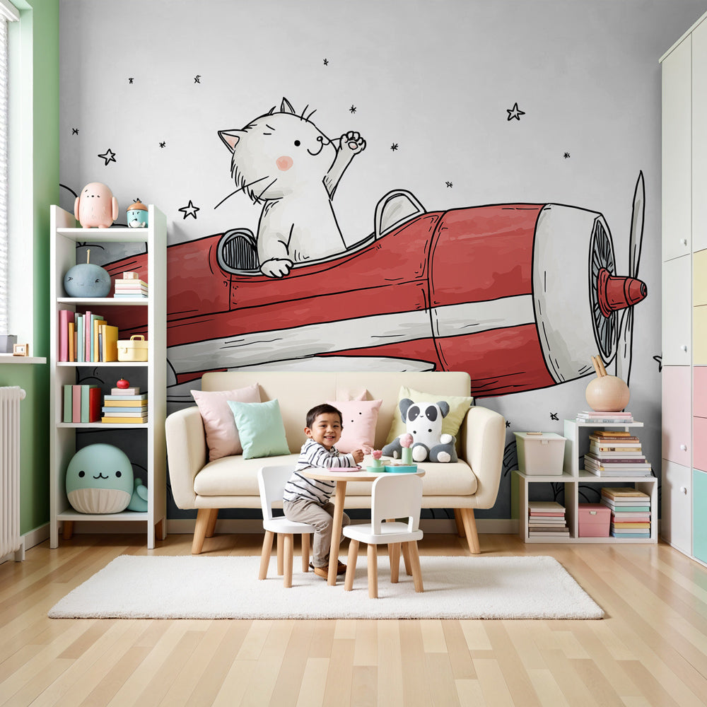 Cat pilot red airplane mural wallpaper decorating modern nursery with crib by Kids-Mundo