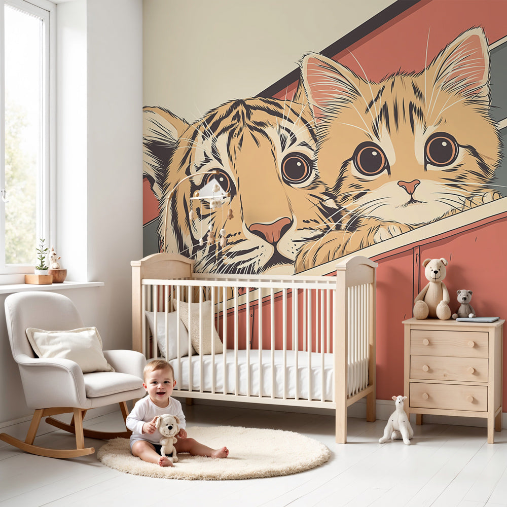 Cat and tiger train mural wallpaper in cozy nursery setting by Kids-Mundo