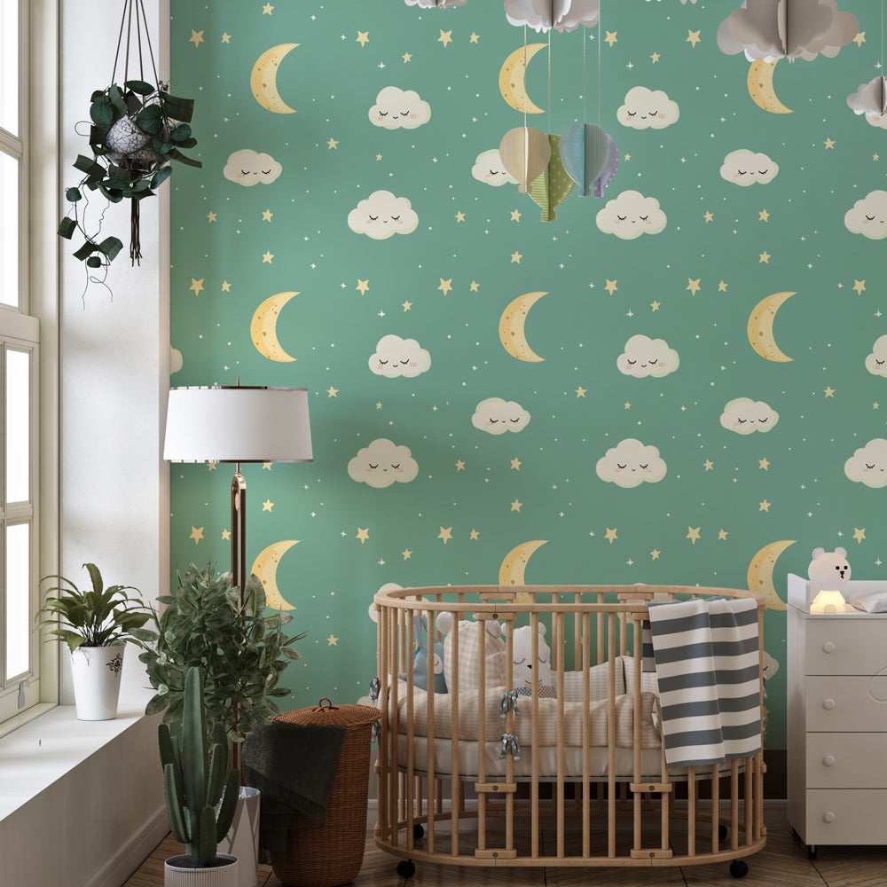 Dreamy moon and stars wallpaper creating calming atmosphere in children's bedroom decor