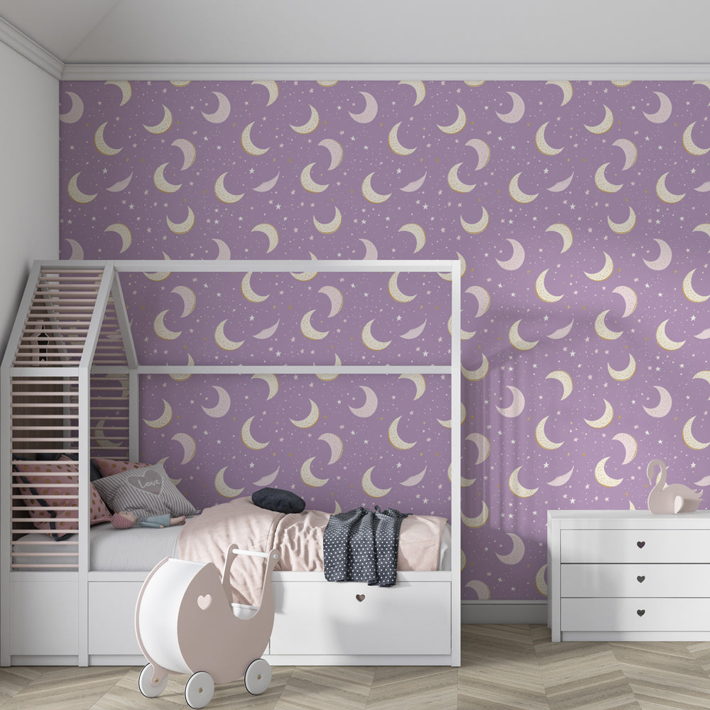 Lilac celestial wallpaper creating dreamy atmosphere in children's bedroom