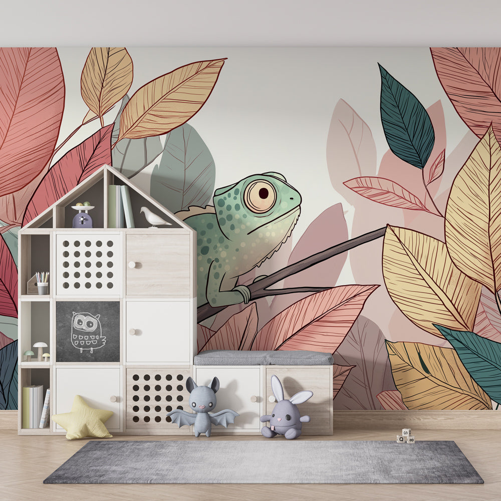 Nature-themed chameleon wallpaper creating peaceful children's bedroom atmosphere