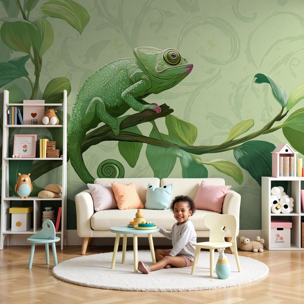Chameleon tropical mural wallpaper in modern kids nursery with natural wood furniture by Kids-Mundo