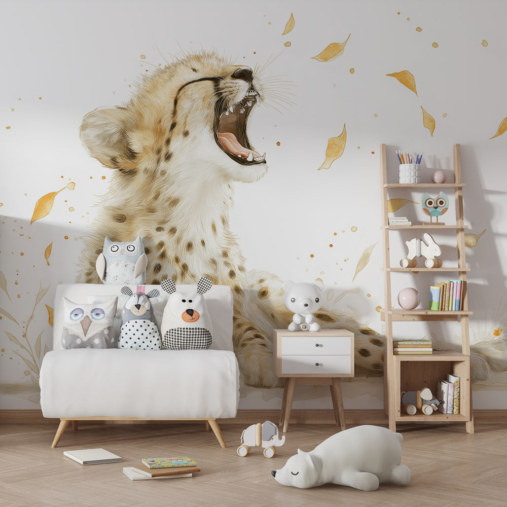 Safari cheetah wallpaper creating warm atmosphere in children's bedroom decor