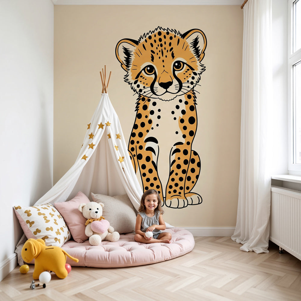 Baby cheetah mural wallpaper creating cozy nursery atmosphere with natural wood furniture by Kids-Mundo