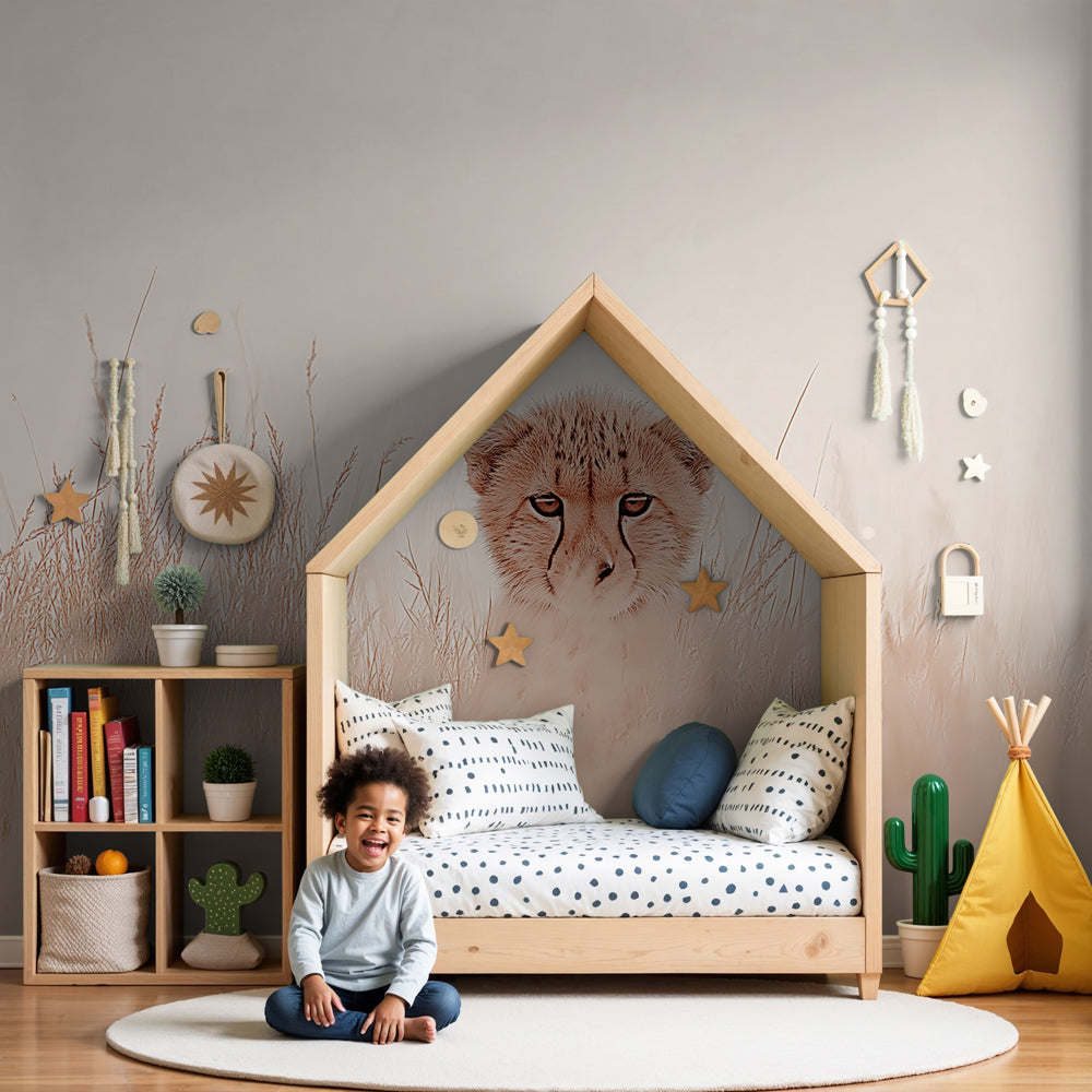 Cheetah mural wallpaper in modern nursery with natural wood furniture by Kids-Mundo