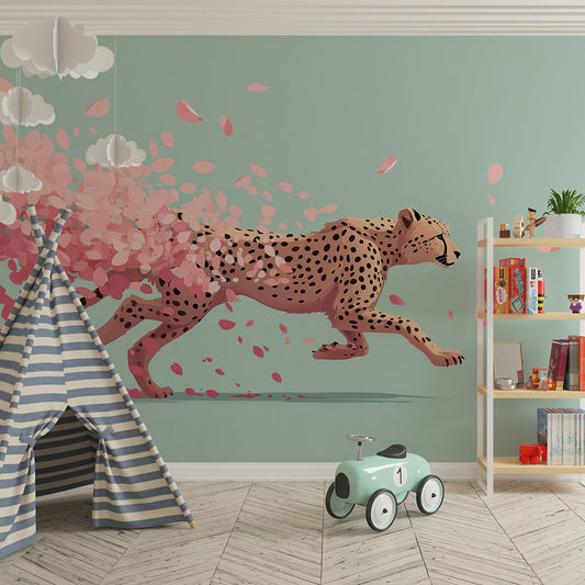 Kids-Mundo cheetah and petals wallpaper mural in a bold kids bedroom feature wall.