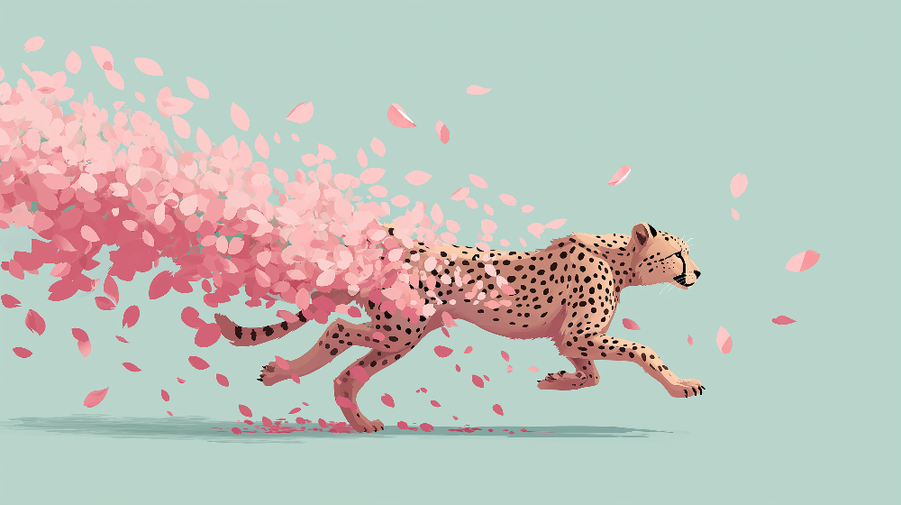 Kids-Mundo flat artwork of a running cheetah trailing pink blossom petals on mint green.