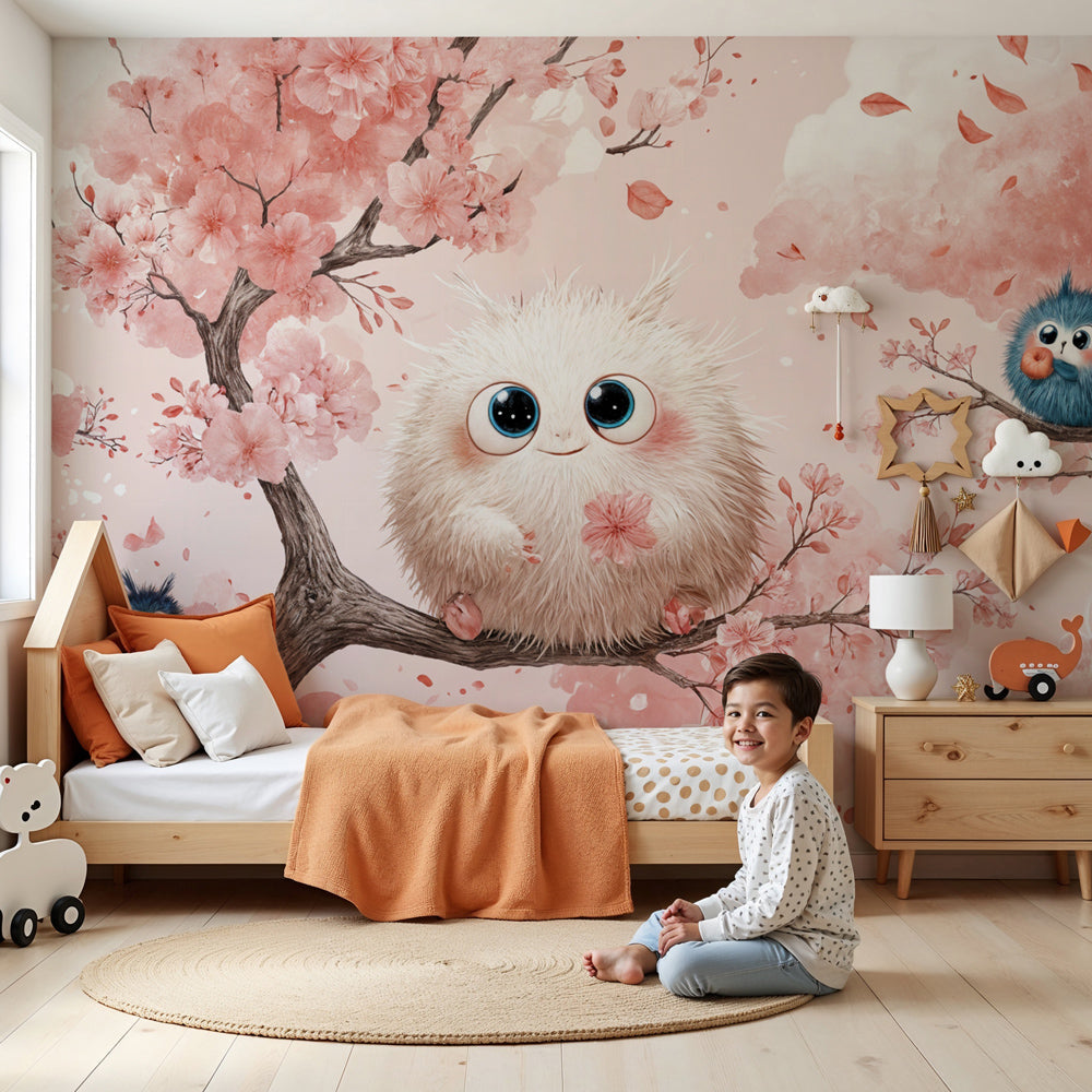 Cherry blossom mural wallpaper with cute creatures decorating modern nursery room by Kids-Mundo