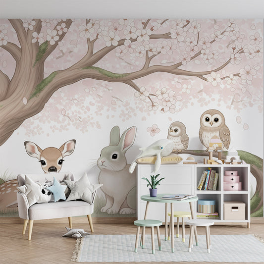 Kids-Mundo woodland cherry blossom mural styled on a kids bedroom wall with fawn and bunny.