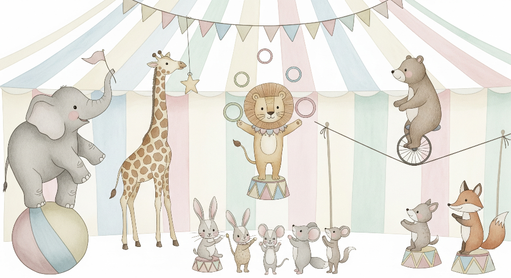 Watercolor Circus Parade with Elephant and Giraffe Wall Mural