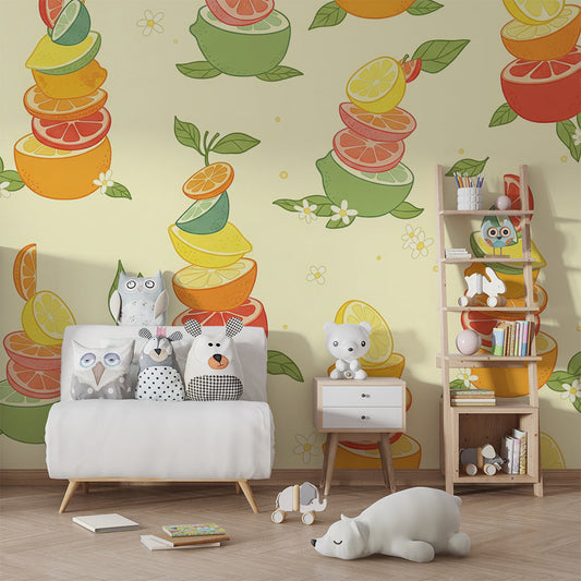 Kids-Mundo citrus fruit wall mural in a cheerful kids' bedroom with white furniture and warm daylight.