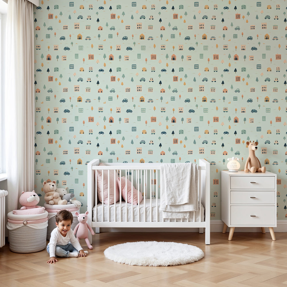 City pattern mural wallpaper with colorful houses and cars in modern nursery by Kids-Mundo
