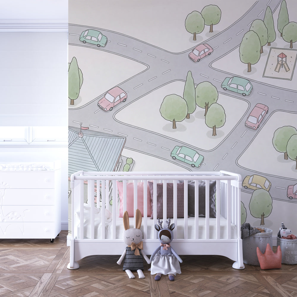 Busy town wallpaper creating educational playroom environment with road and school theme