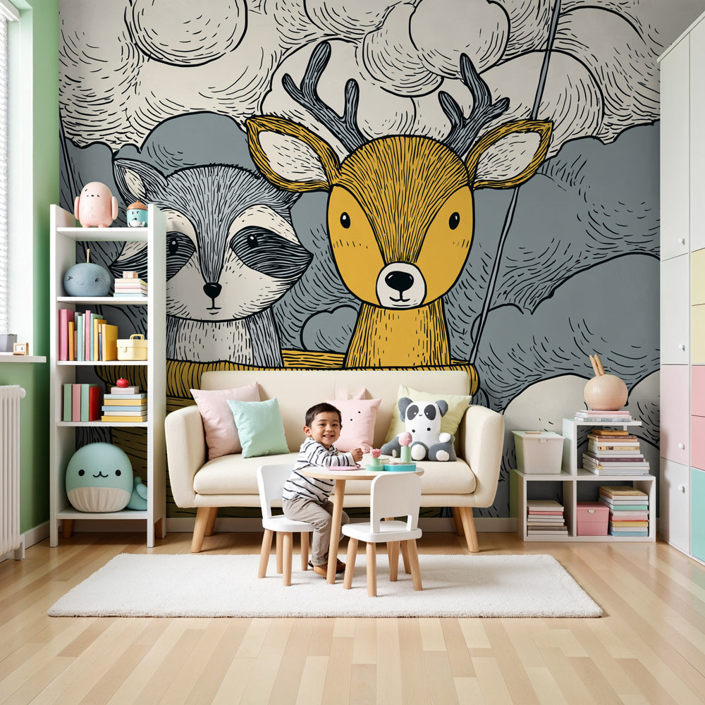 Cloud adventure mural wallpaper with animals in hot air balloon decorating modern baby nursery by Kids-Mundo