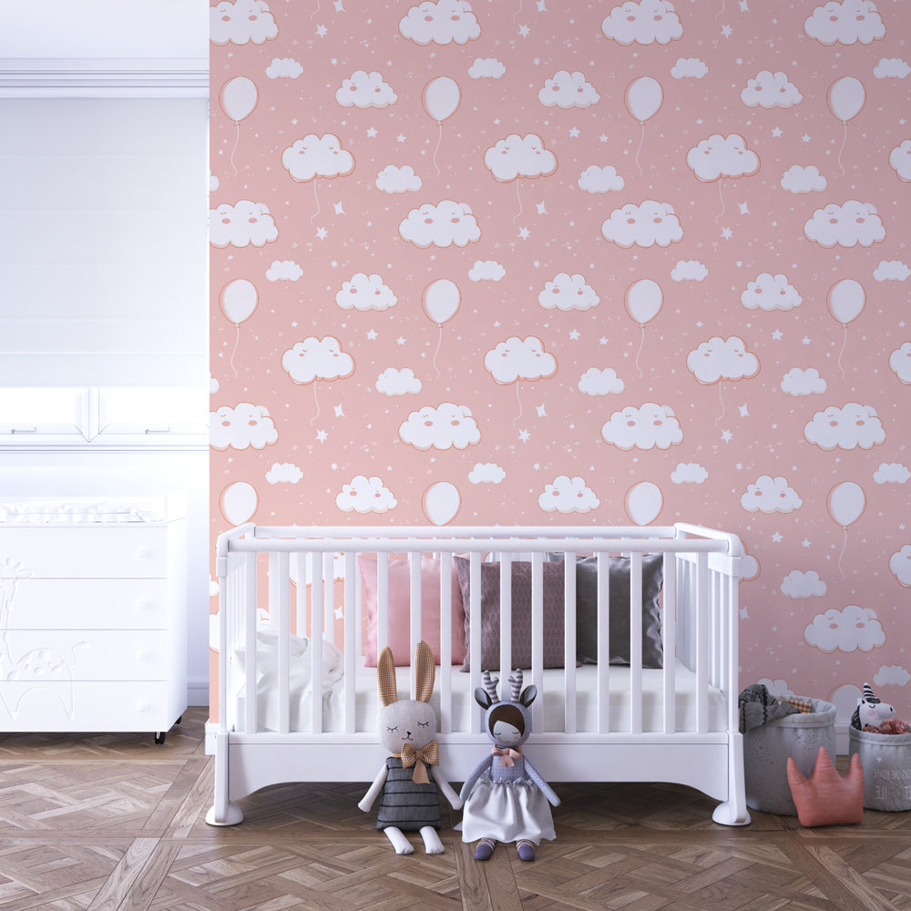 Cloud balloon wallpaper creating dreamy atmosphere in children's bedroom with soft lighting