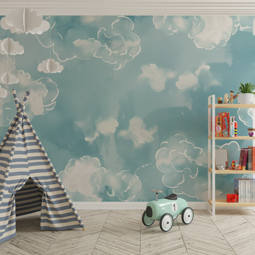 Dreamy cloud wallpaper creating serene atmosphere in baby's bedroom decor