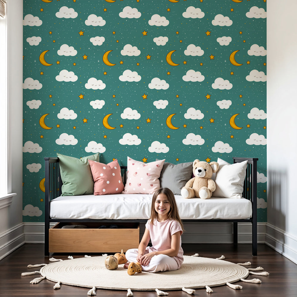 Cloud sky mural wallpaper with stars and moon creating peaceful nursery atmosphere by Kids-Mundo