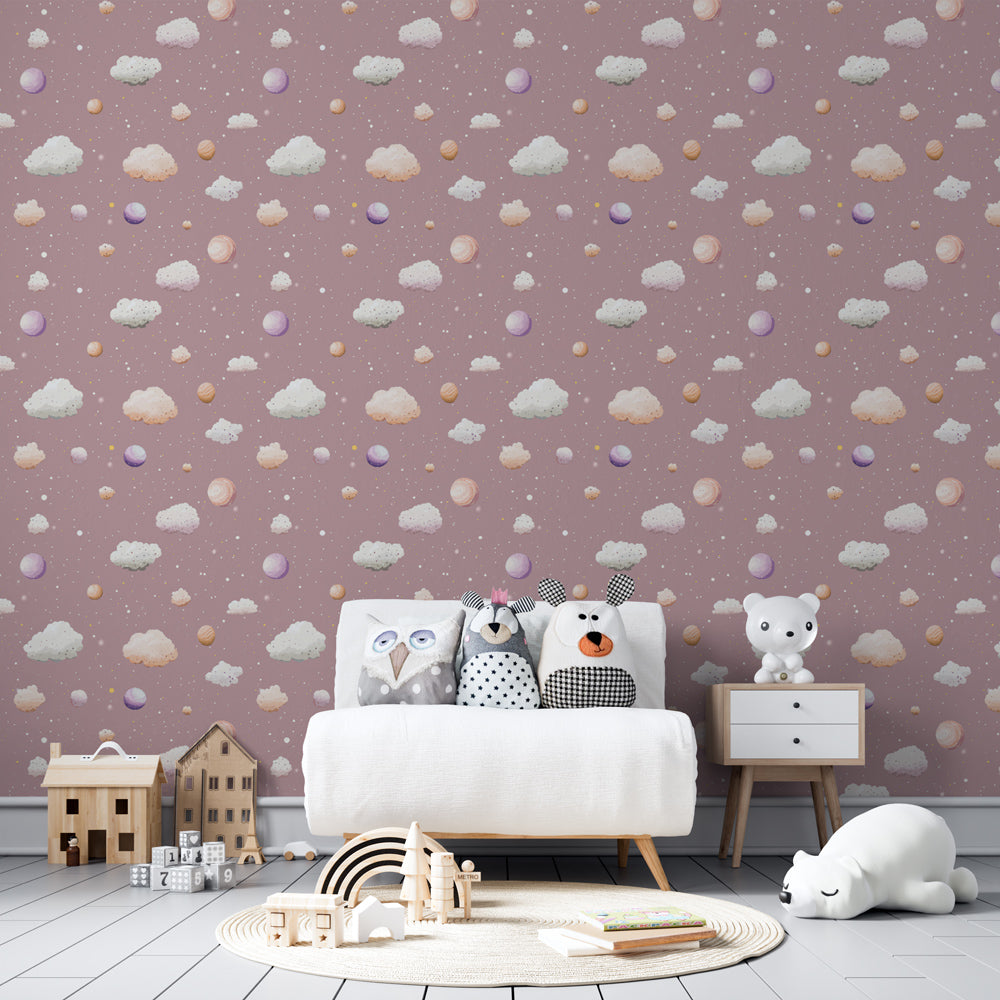 Cloud sky wallpaper with colorful spheres in modern toddler bedroom setting