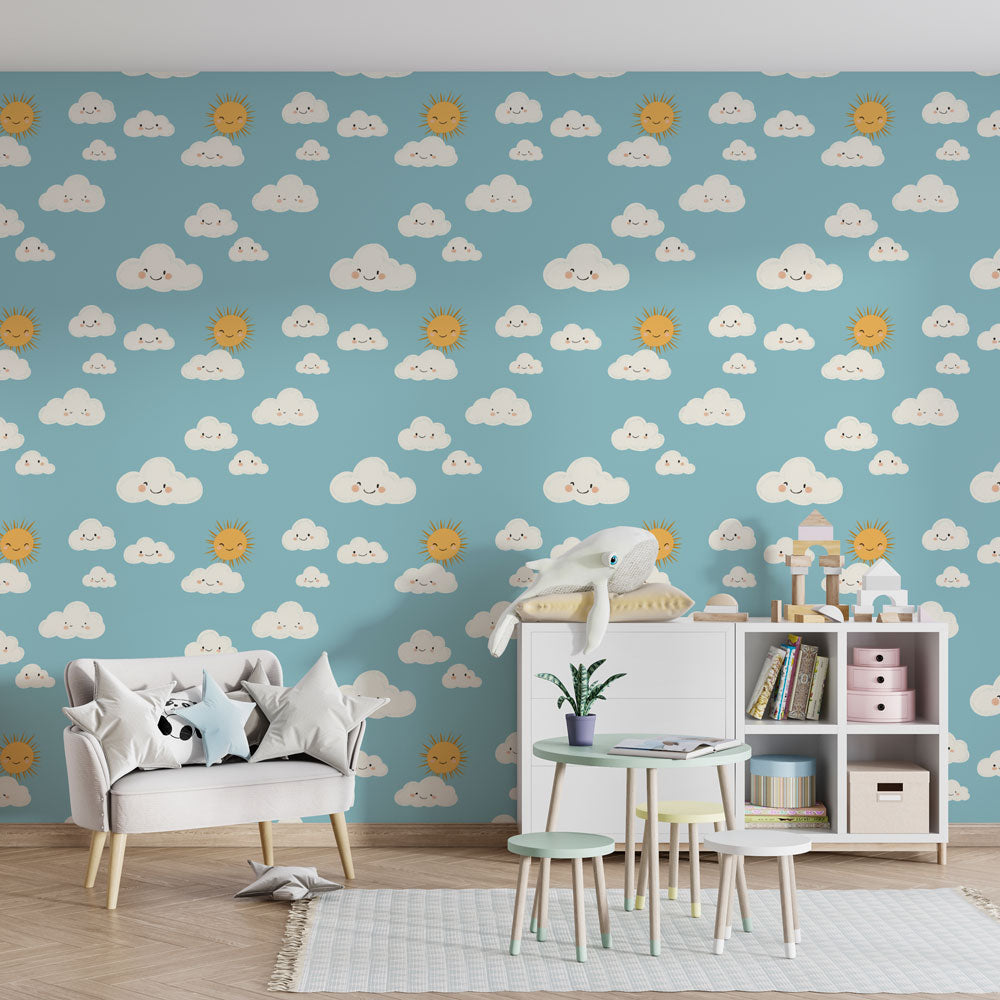 Cloud and sun mural wallpaper creating dreamy blue sky atmosphere in modern nursery by Kids-Mundo