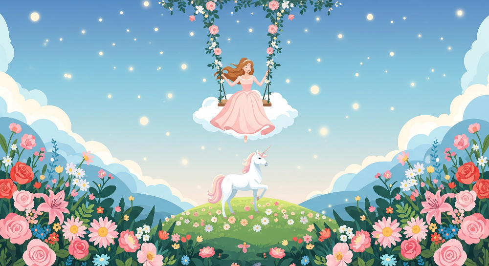 Kids-Mundo flat artwork of a fairy swinging on a cloud above a unicorn on a flowering hill