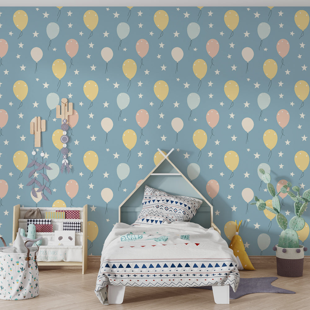 Whimsical balloon wallpaper creating playful kids bedroom decor with pastel colors