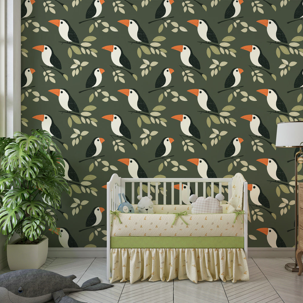 Green birds wallpaper creating peaceful children's bedroom decor with natural motifs