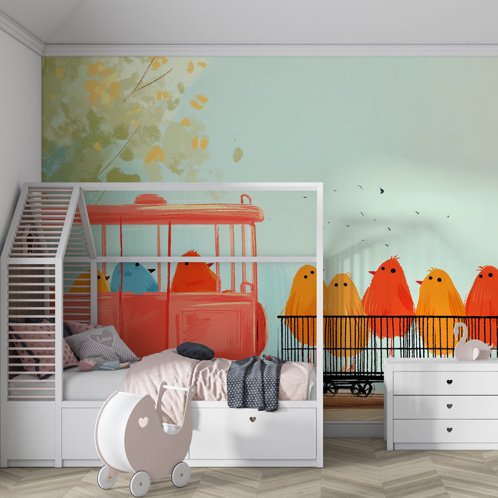Birds adventure mural wallpaper creating playful kids bedroom atmosphere with train theme