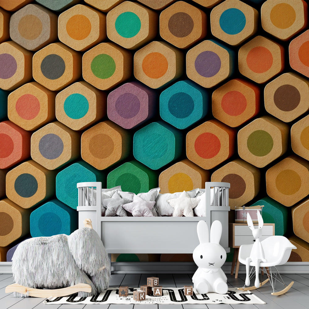 Hexagonal crayons wallpaper design in bright children's nursery setting