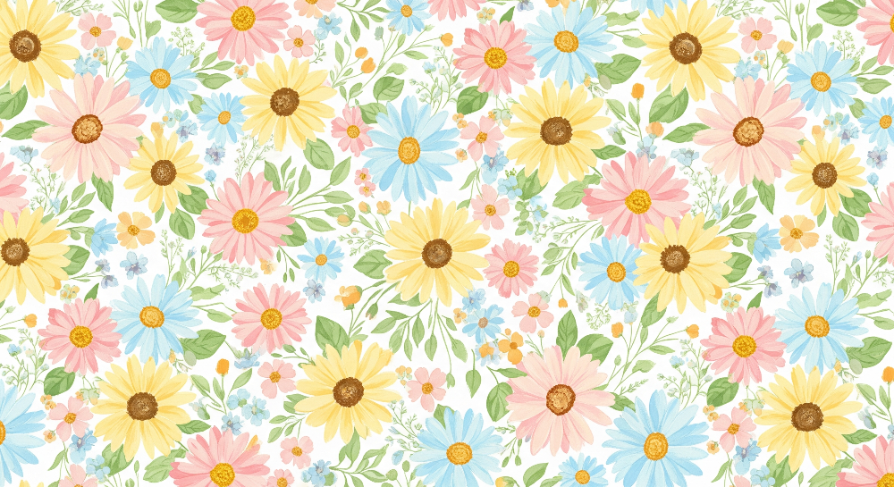 Flat artwork of the Kids-Mundo daisy floral wall mural pattern in pink, yellow and blue