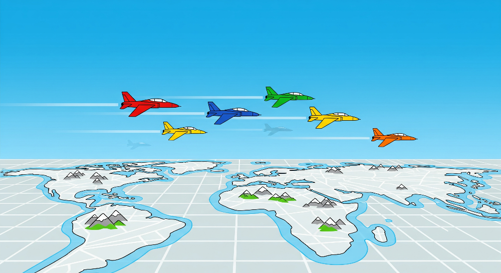 Colourful Jet Planes Over World Map Wall Mural